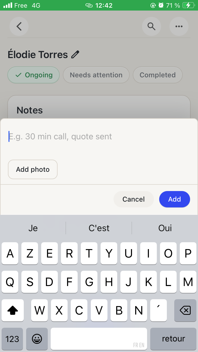 Client Log — add a note after a call or meeting