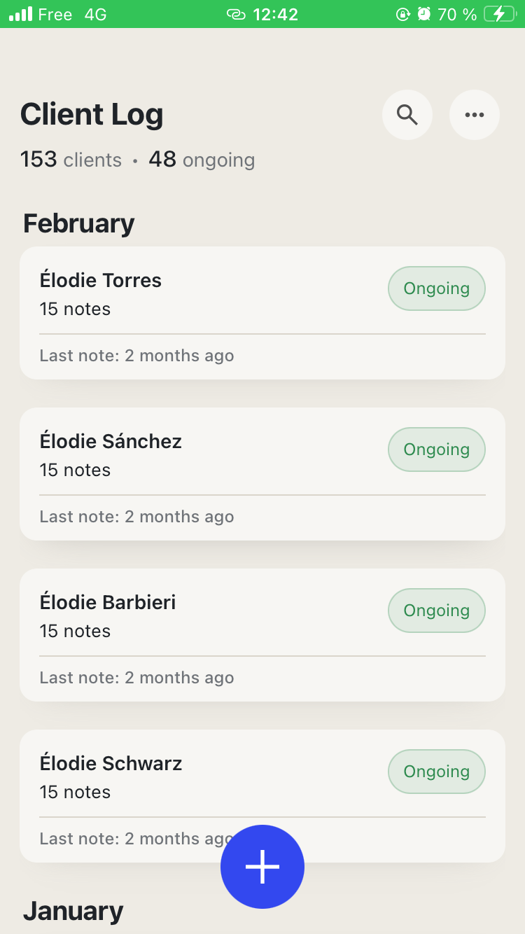 Client Log — client list with statuses