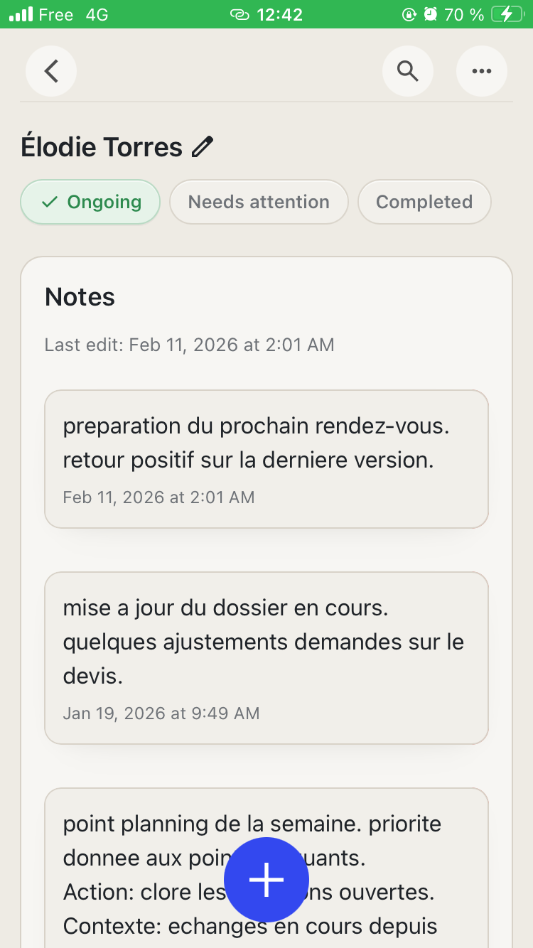 Client Log — notes timeline for a client