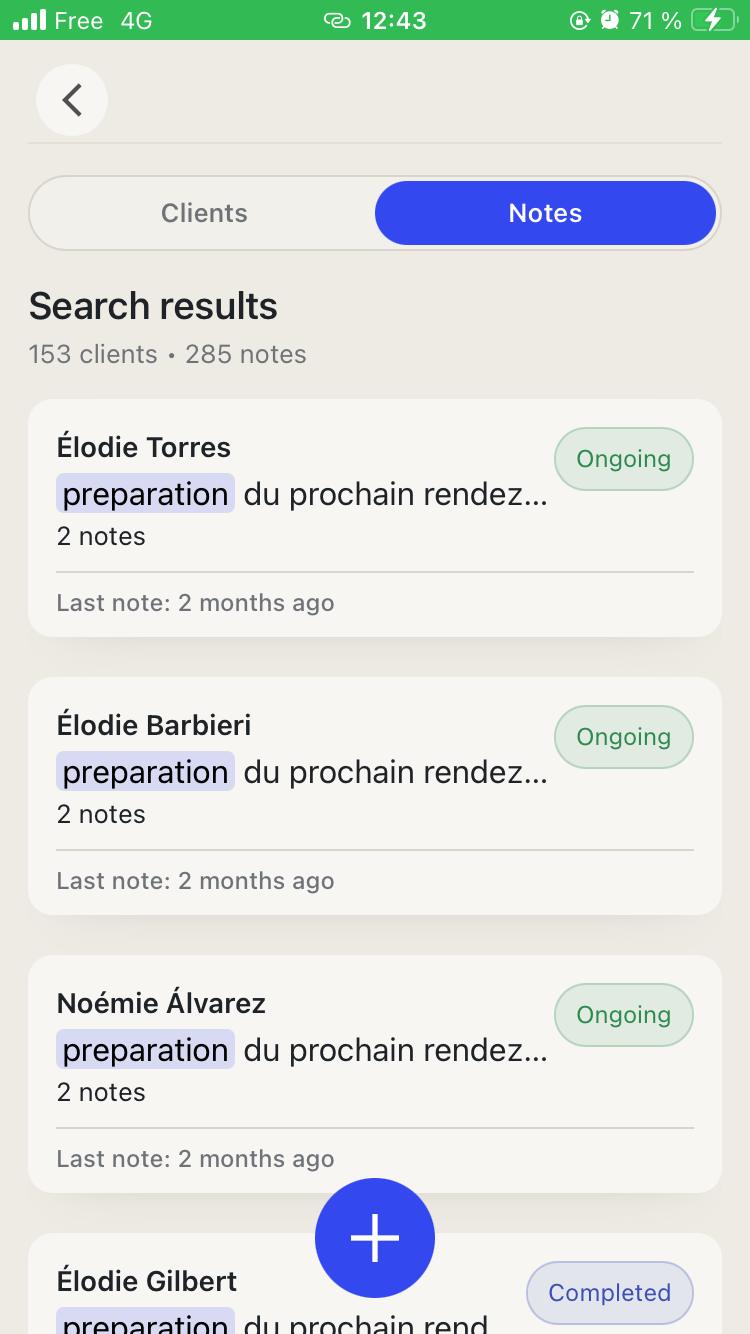 Client Log — search across clients and notes