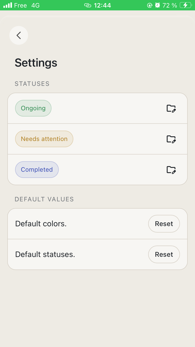 Client Log — custom client statuses in settings